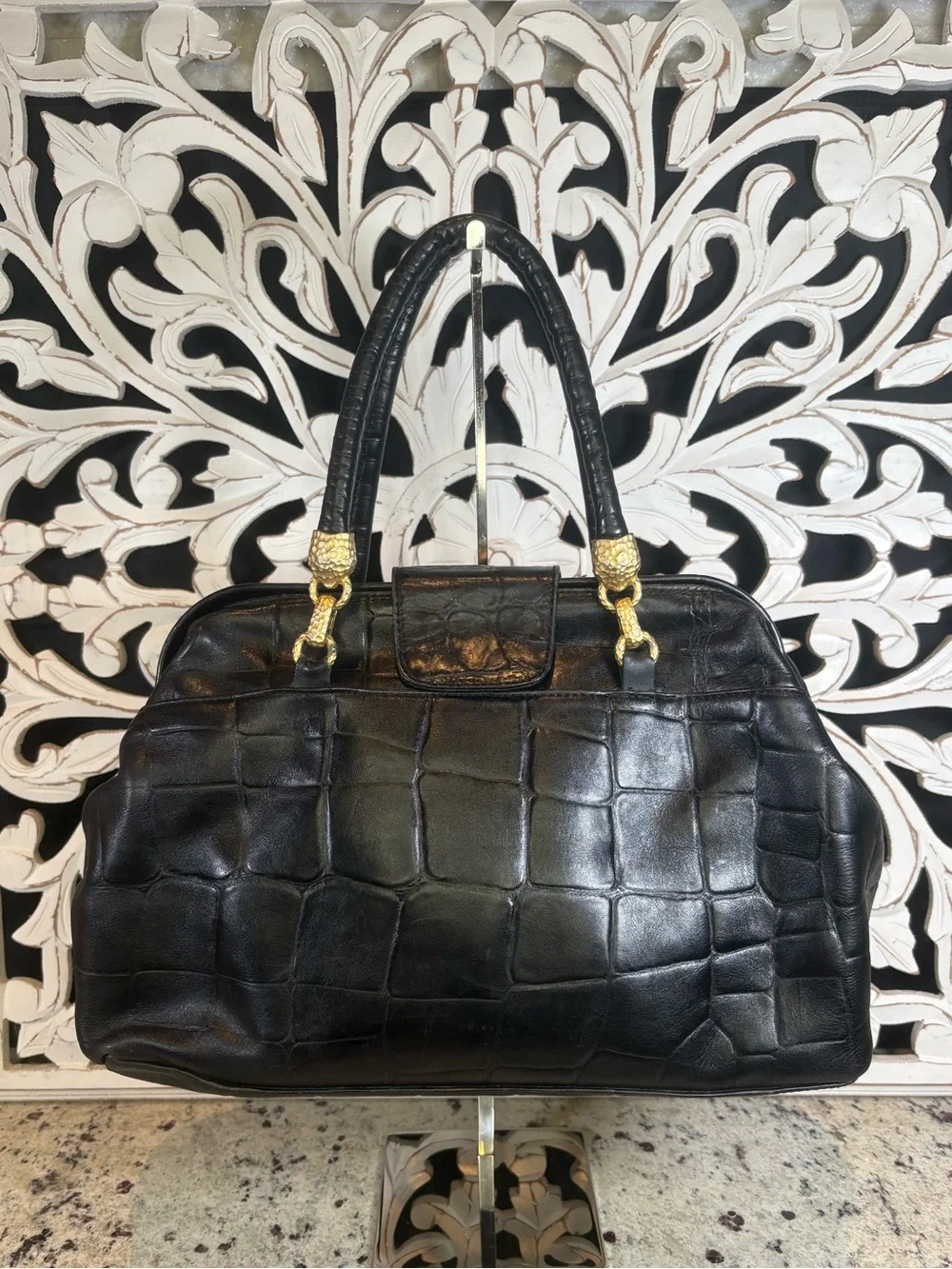 Peruzzi VTG Black Croc-Embossed Leather Satchel Handbag Made in Florence Italy